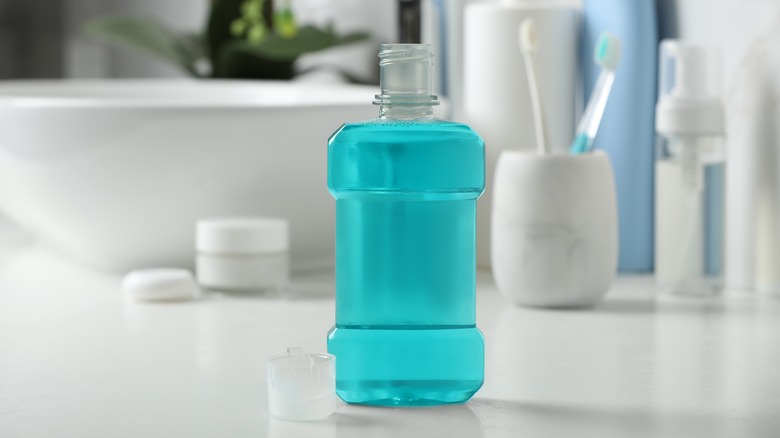 Mouthwash bottle on countertop