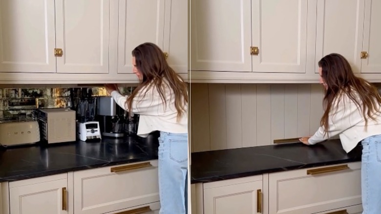 Woman closing an appliance garage