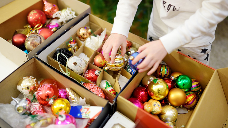 box of christmas ornaments