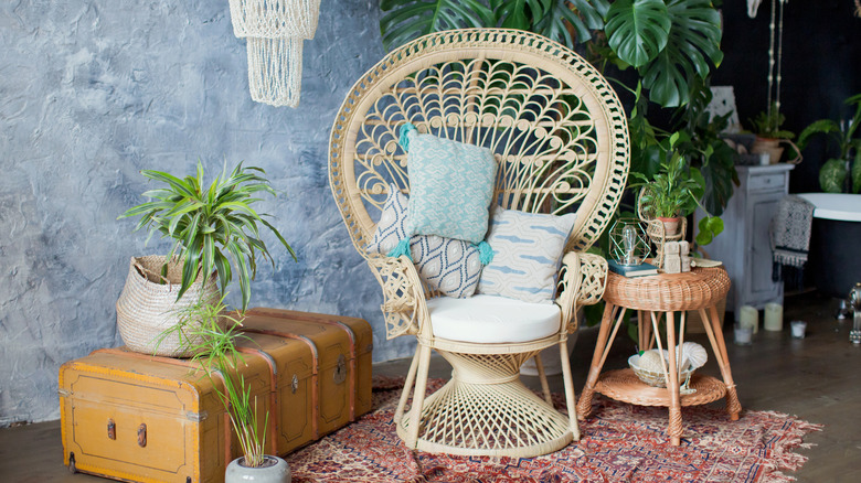 peacock chair in a room