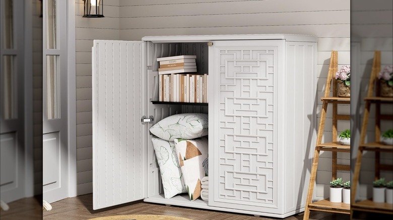 One door of a unique patio shed is open to reveal pillows and books