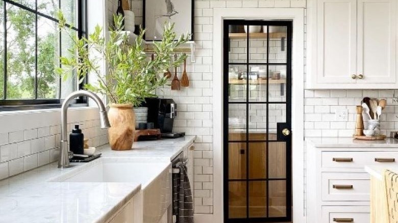 Glass and metal pantry door in white kitchen