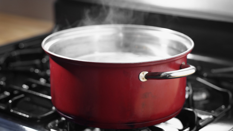 Water heating on stove in a red pot