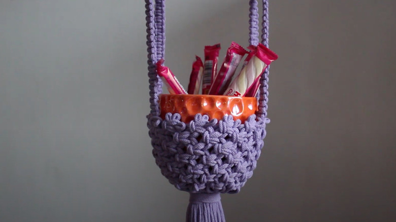 purple macrame hanging candy bowl