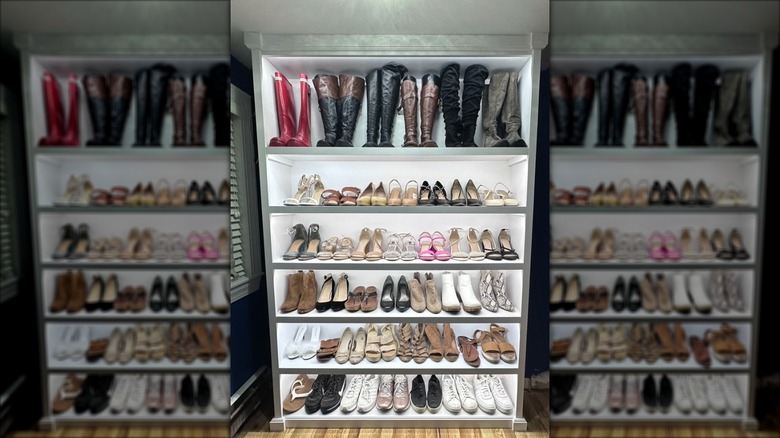 strip lights on a closet bookshelf illuminate the wardrobe