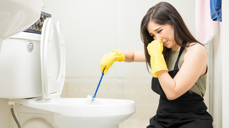 Woman cleaning the toilet bowl