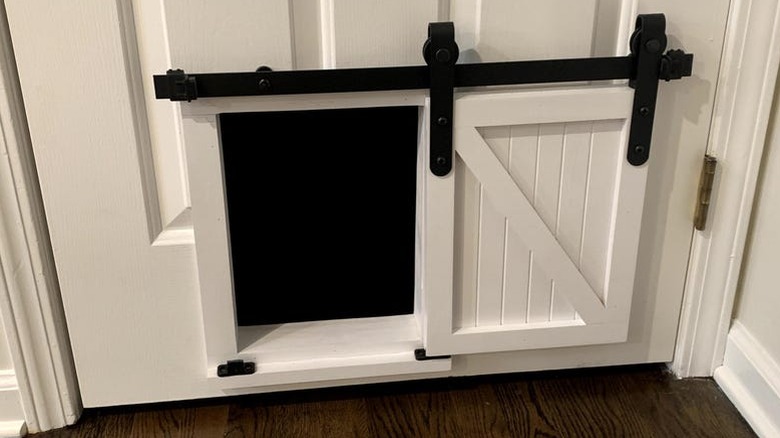 Mini sliding barn door over pet door opening