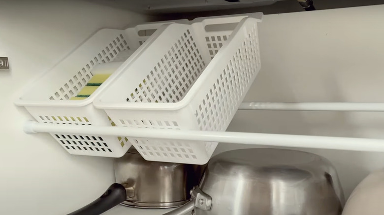 tension rod baskets under sink storage