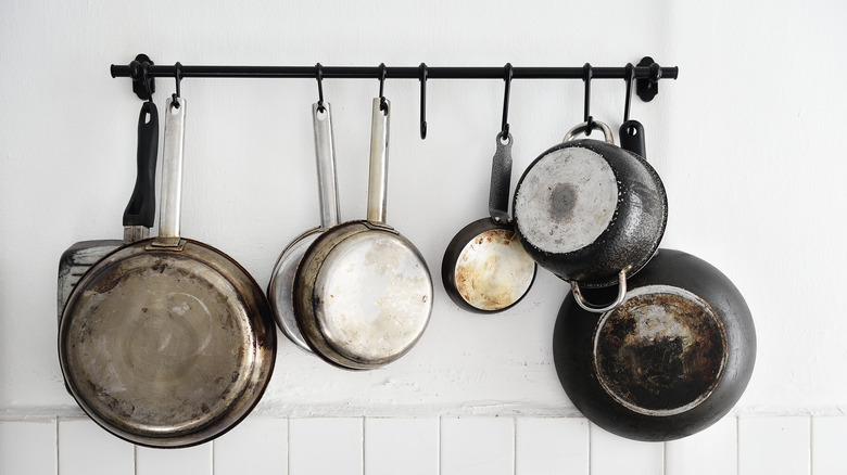 kitchen pots on curtain rod