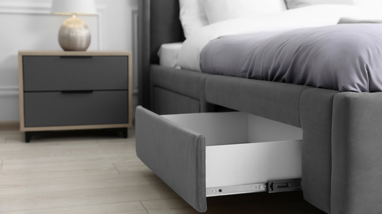 Gray bedframe with built-in storage drawers