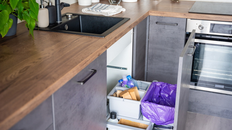 Kitchen cabinets with pull-out drawer for trash bins