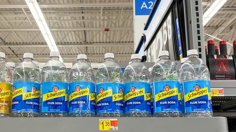 Display of club soda in an aisle at Walmart