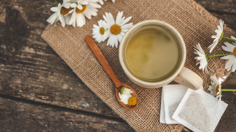 Overhead shot of a cup of chamomile tea