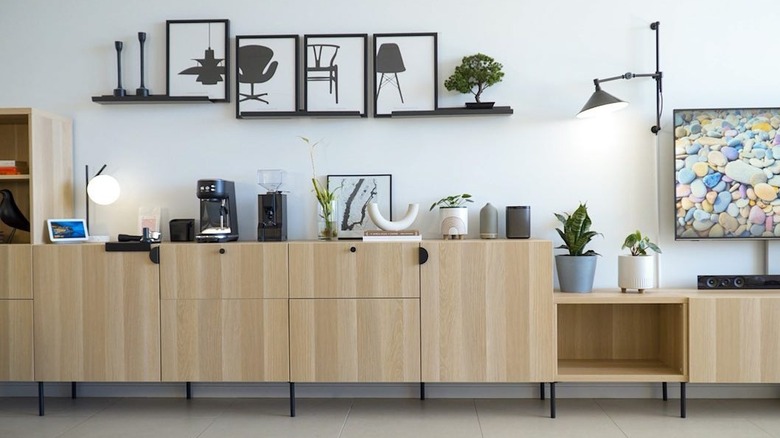 long oak cabinet with coffee station