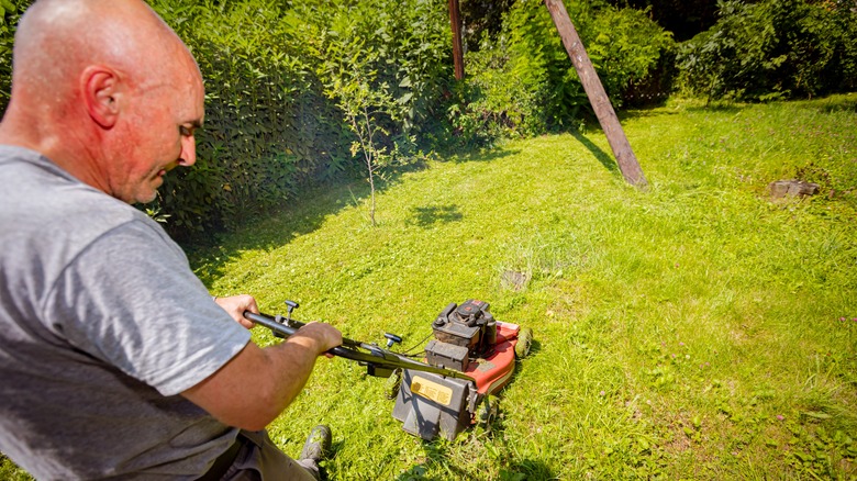 man pulling lawn mower