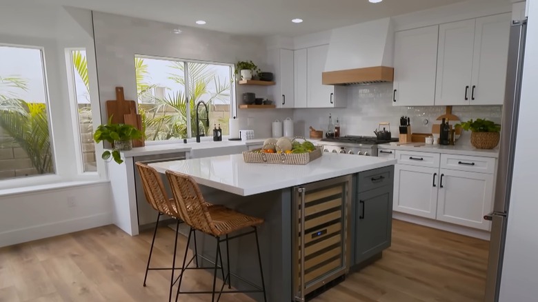 kitchen island with beverage fridge