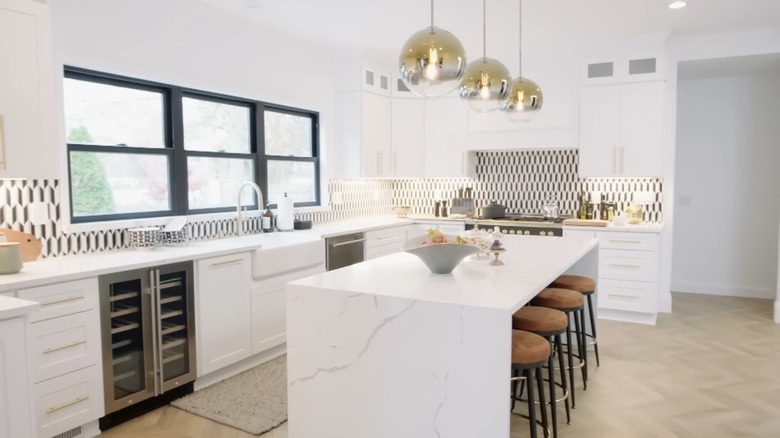 marble waterfall kitchen island