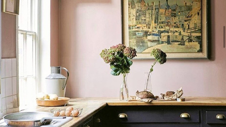 Soft pink paint in a kitchen near the window