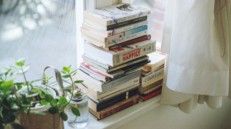 stacks of books on table