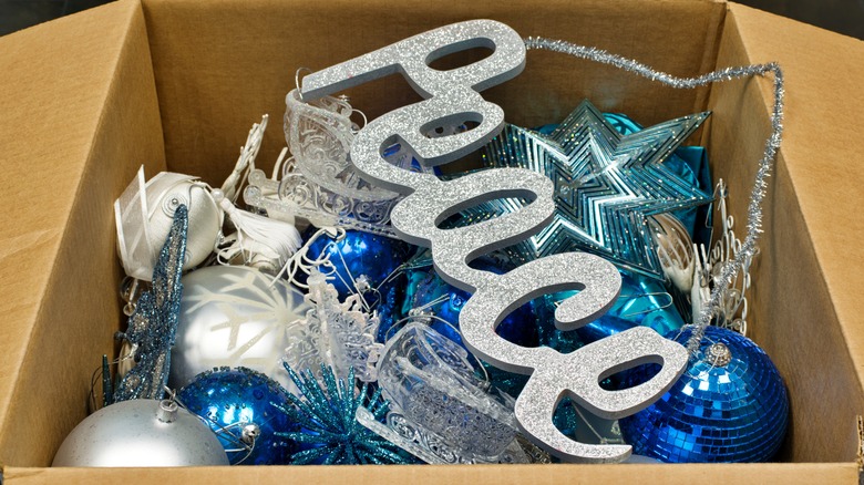 Christmas decorations in cardboard box