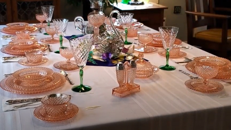 pink depression glass table setting