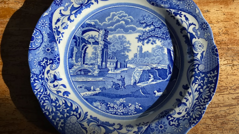 blue transferware plate