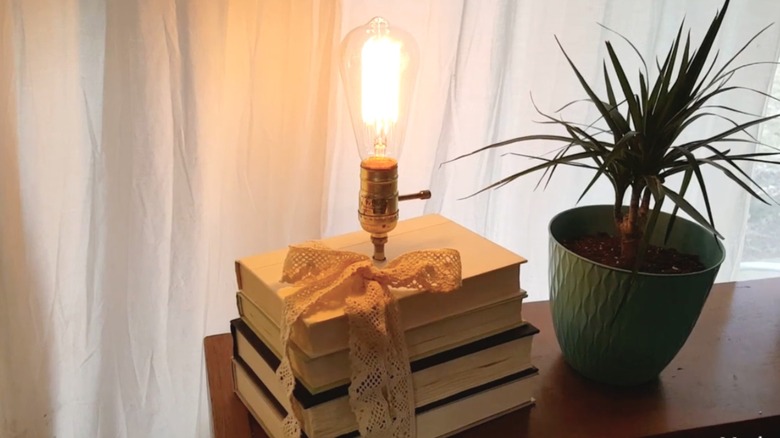 book lamp and plant on counter