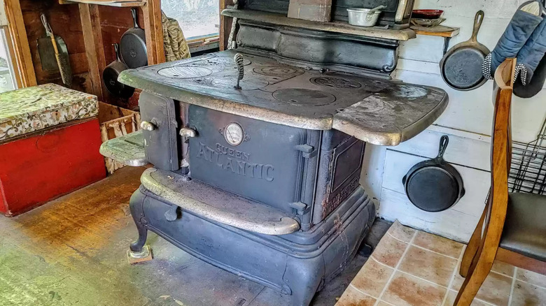 antique stove in island home