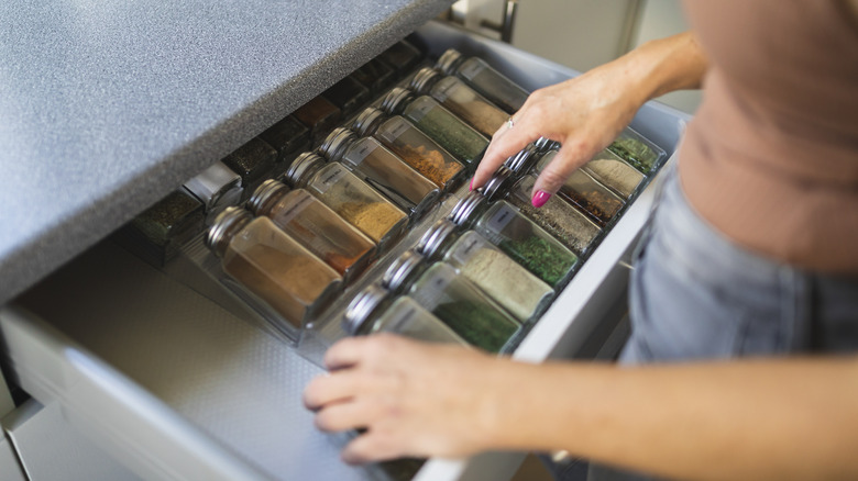 Kitchen drawer with organized spice rack