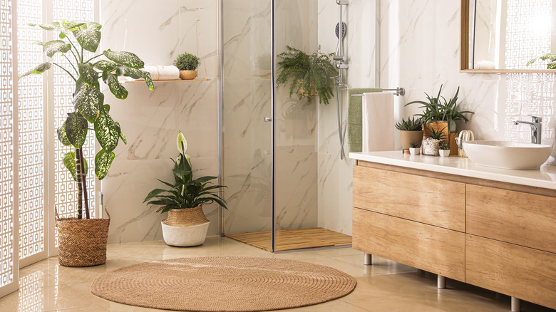 bathroom shower with plants