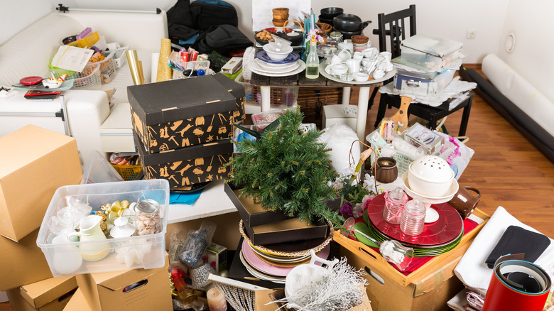 room full of boxes and clutter