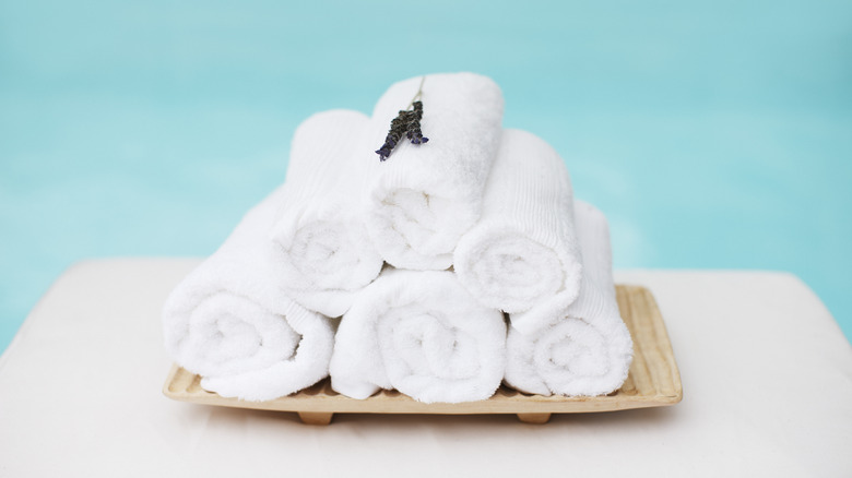 white towels on blue background