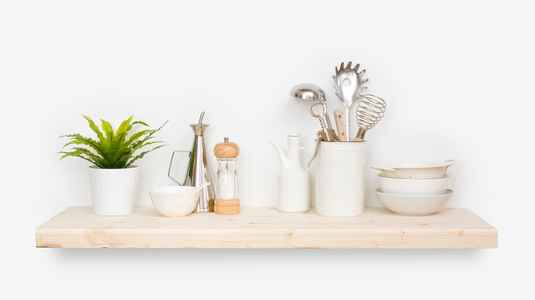 Kitchenware on open shelf