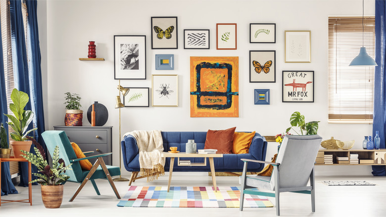 colorful gallery wall in living room 