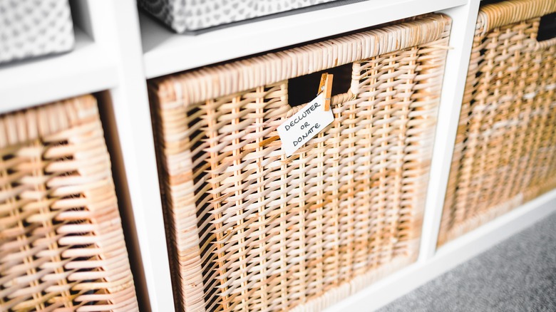 rattan baskets on shelves