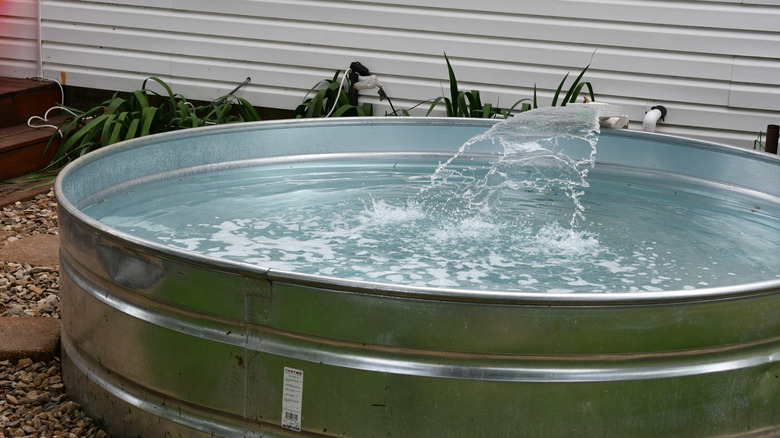 Water flowing into an outdoor stock tank pool.