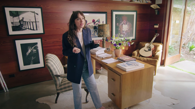 Dakota Johnson's home office with unique artwork