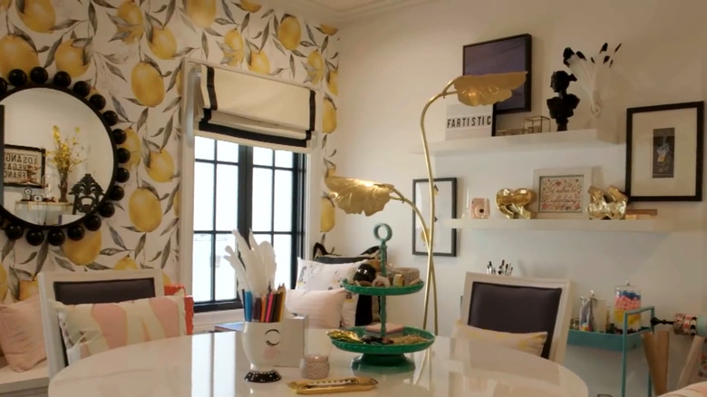 Linda Phan's craft room with lemon print wallpaper