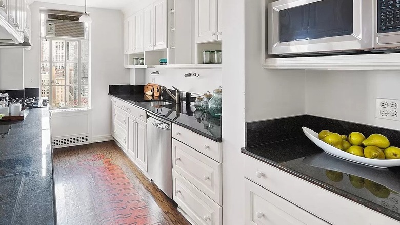 White and black galley kitchen