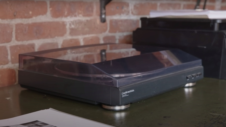 vinyl record player on desk