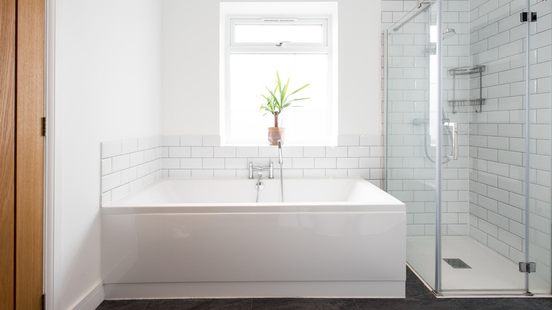 Clean minimalist bathroom with bathtub