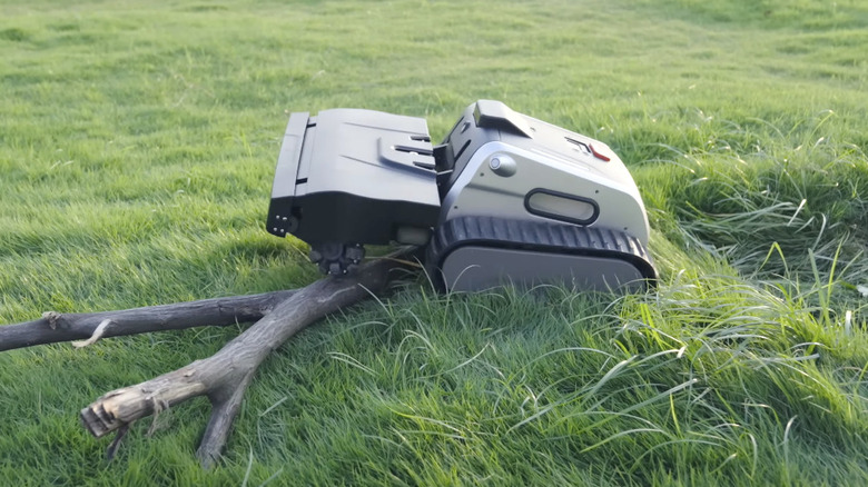 The Lymow One robot lawnmower negotiating a fallen branch