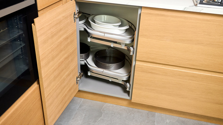 Dishes in corner cabinet