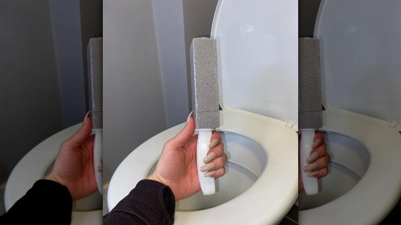 Woman holding pumice stone brush in front of toilet