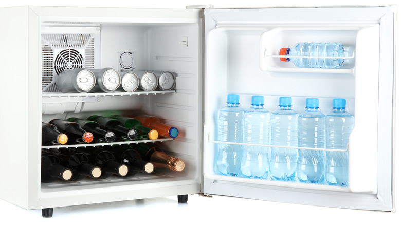 Water and beverages in mini fridge