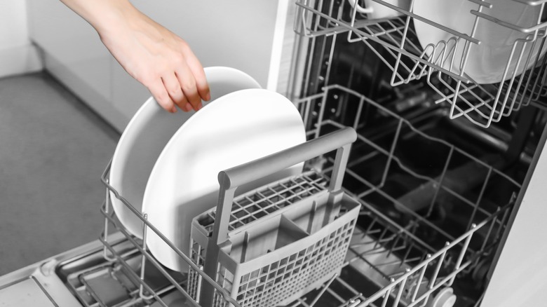 hand putting plate in dishwasher