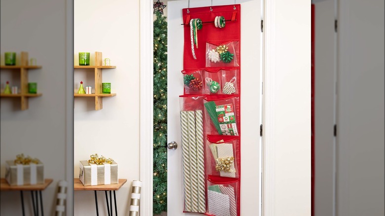 red wrapping paper door organizer