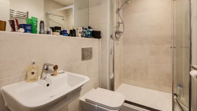 Cluttered bathroom with toiletry bottles