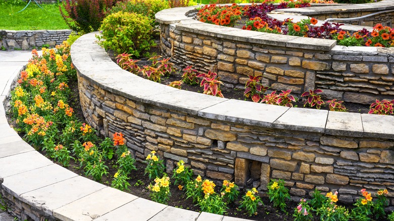 Retaining wall in a garden