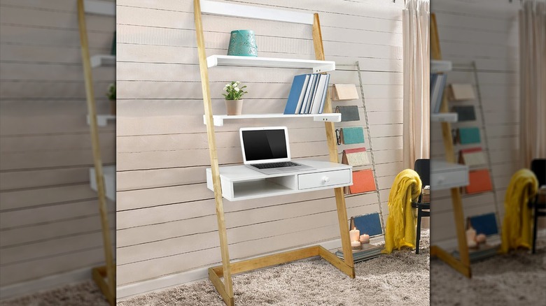 white and wood ladder desk